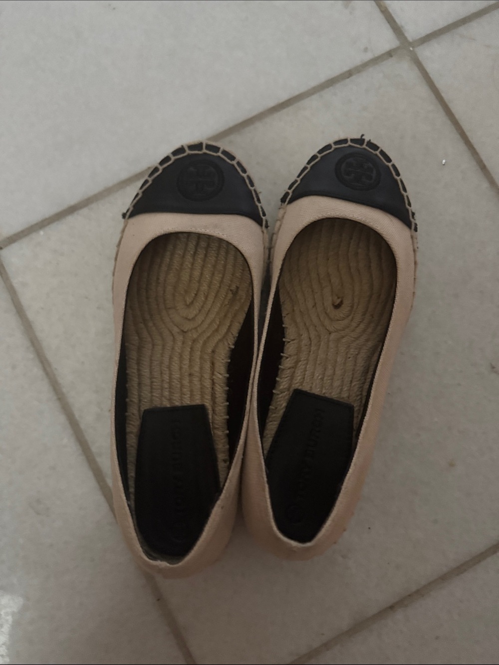 Tory Burch Beige Espadrille Flats with Black Cap Toe